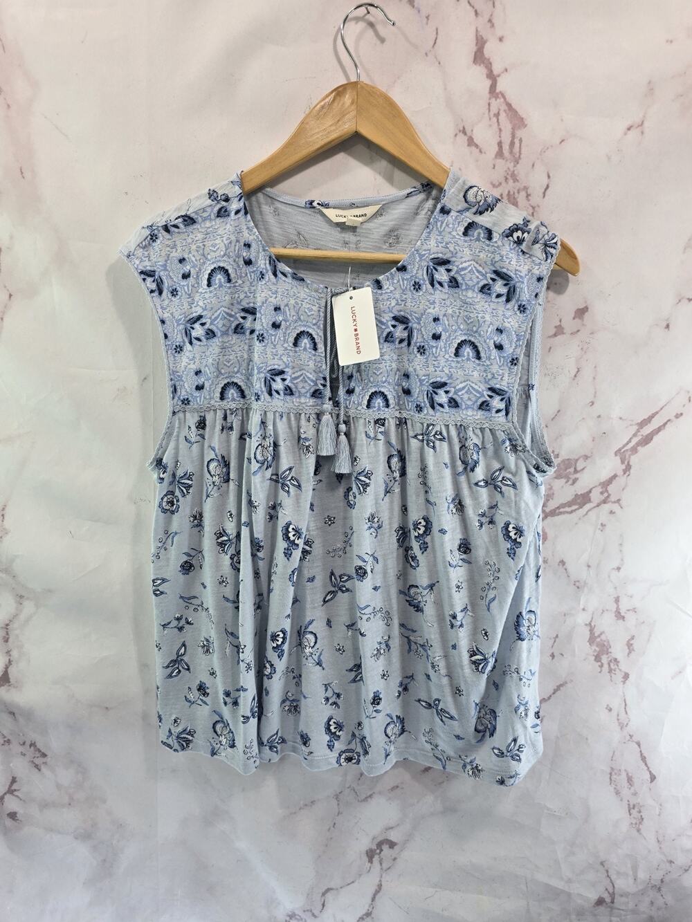 Lucky Brand Shirt Womens Large Blue Floral Tassel Boho Modal Tank